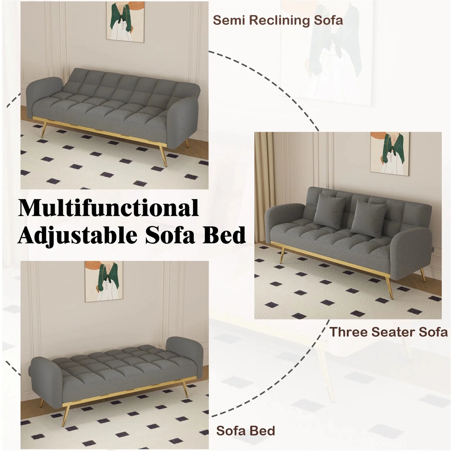 Aukfa Square Tufted Futon Convertible Sofa Bed for Home Office, 2 Pillows, Teddy Fleece, Gray