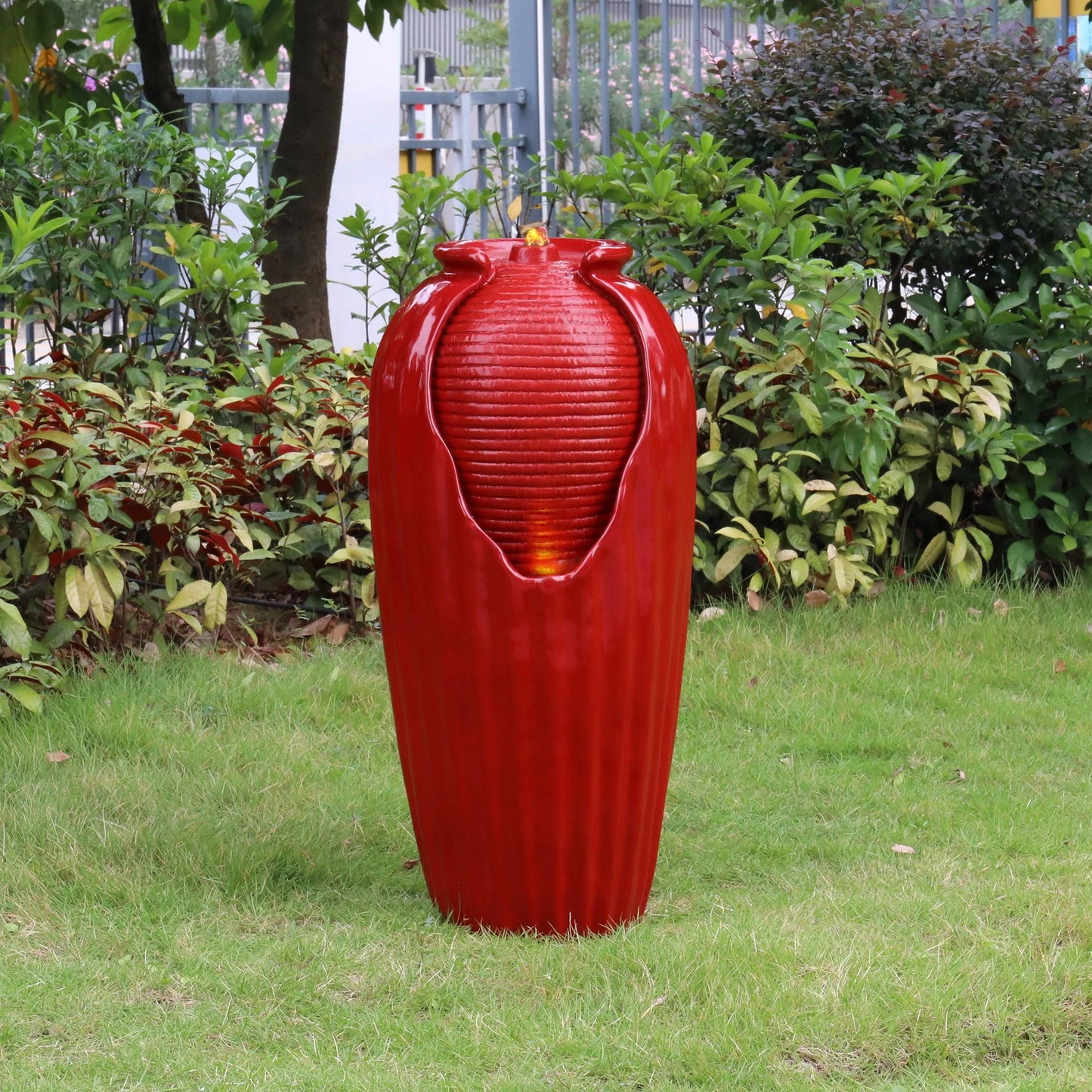 Teamson Home Indoor/Outdoor Contemporary Glazed Contoured Vase Water Fountain with LED Lights, Red
