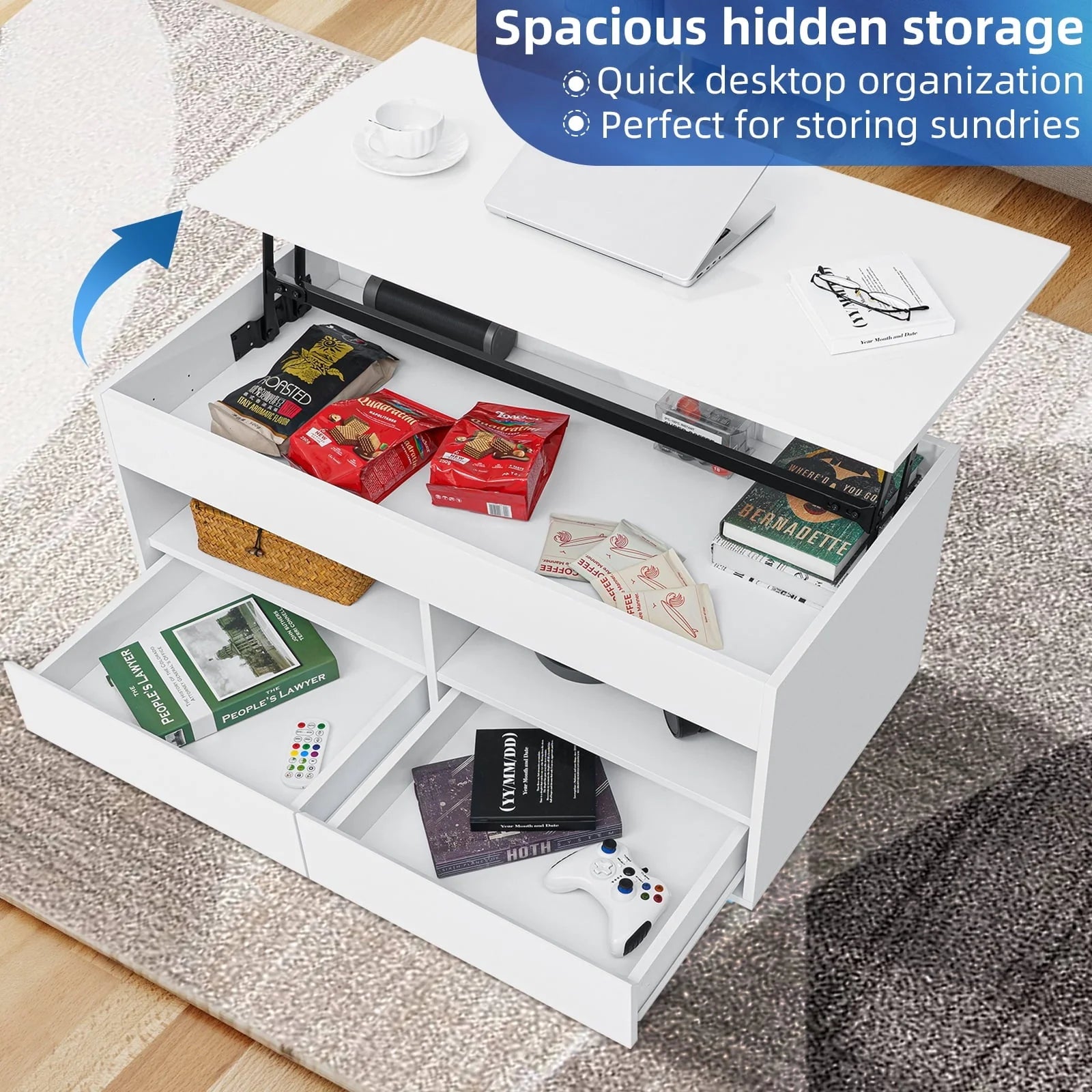 Hommpa Lift Top Coffee Table with 2 Drawers High Gloss Rectangle White Coffee Table with LED Lights and Hidden Storage for Living Room Home Office Center Cocktail Tables 25.19" Height