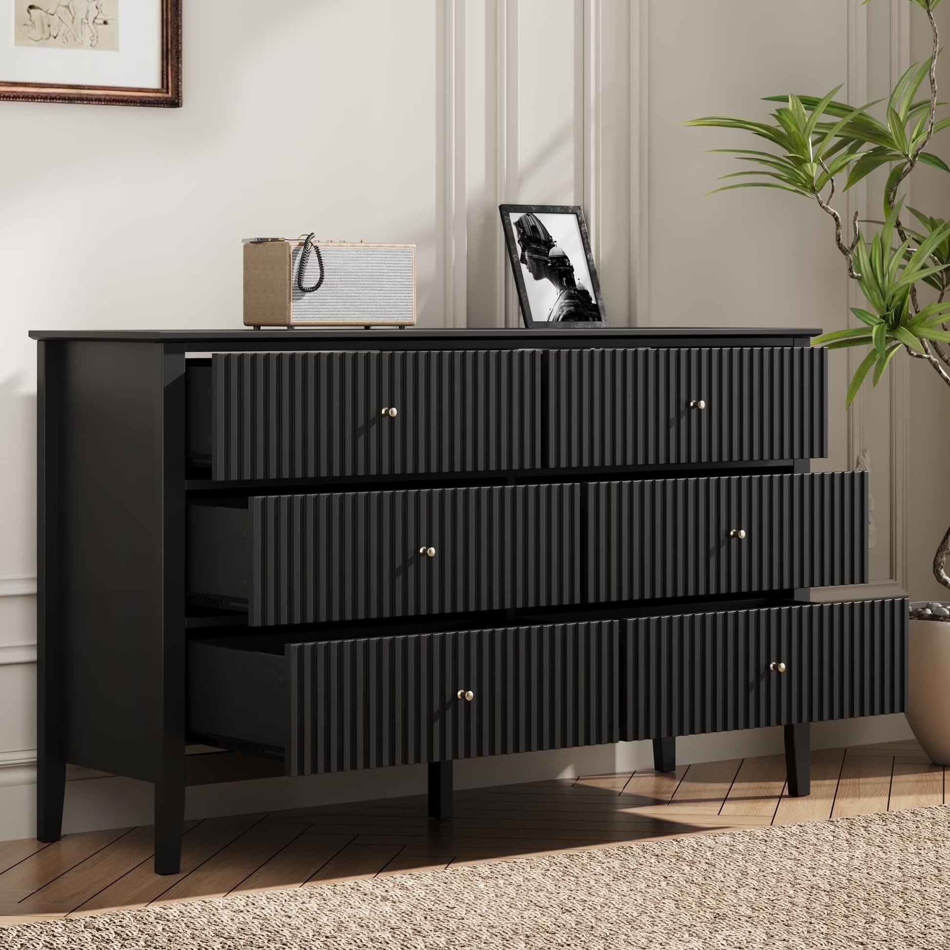 CozyHom 6 Drawers Dresser For Bedroom, Dressers Chest for Home Office, Wood Storage Cabinet for Living Room Hallway Closet, White