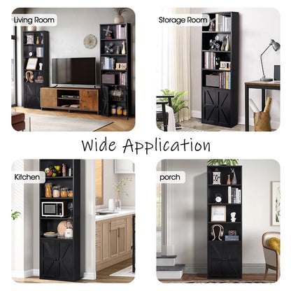 Easoger 6 Tier Bookcase Set of 2, Bookshelves with Barn Cabinet Doors, Floor Bookshelves for Home Office, Living Room, Black