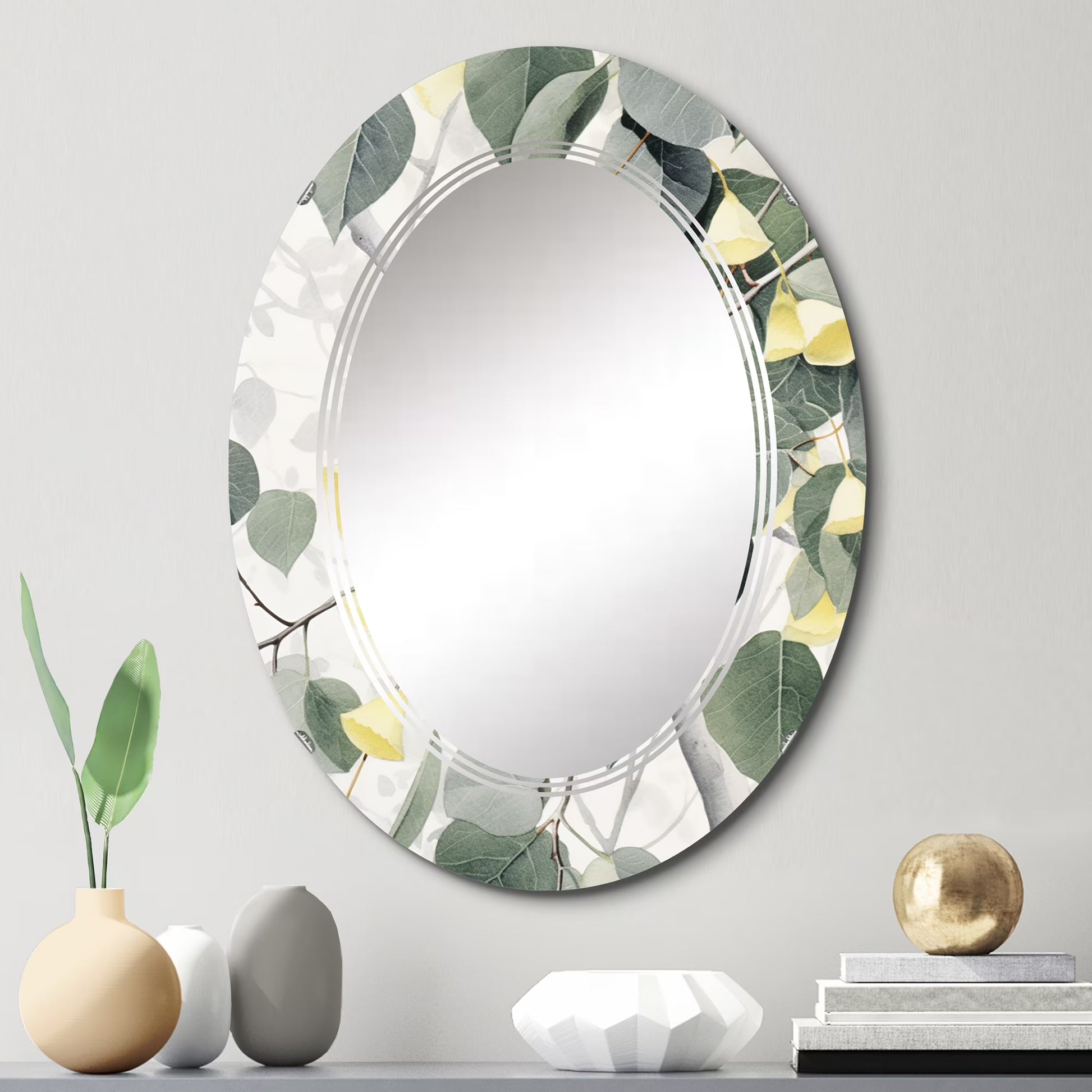Designart "Minimalistic Eucalyptus Essence in White and Green III" Floral Round Wall Mirror - Traditional Oval Printed Decorative Oversized Mirror - Multiple Color Options