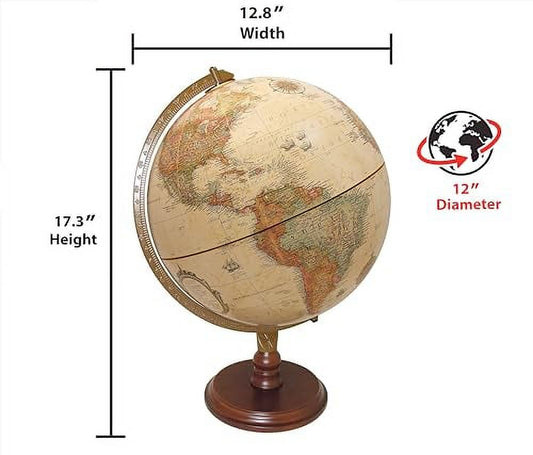 Replogle Lenox, 12"/30cm diameter Antique Style, Desktop Globe, Classic World Globe with up-to-date Cartography, Made in USA