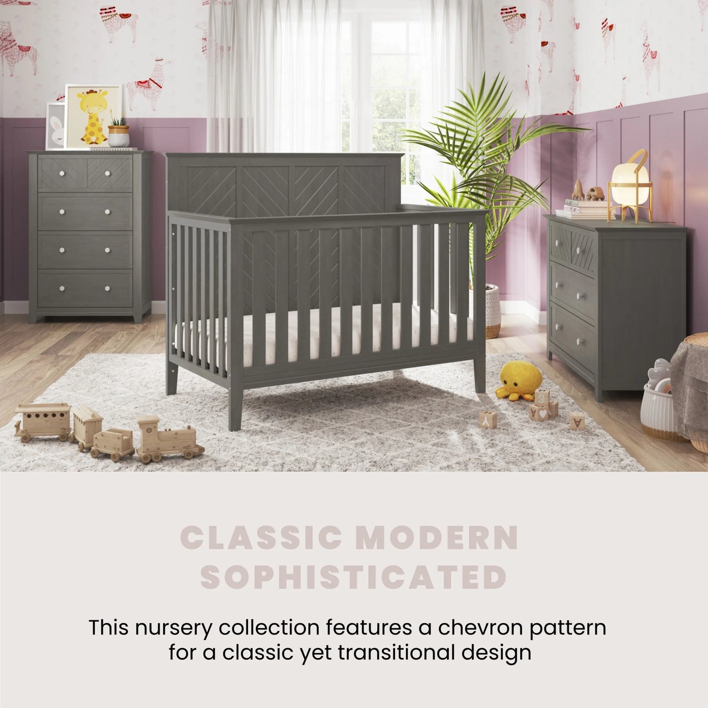 Child Craft Atwood 42" Interlocking 4-Drawer Chest for Nursery or Bedroom, Chevron Design, Anti-Tip Kit, Lunar Gray