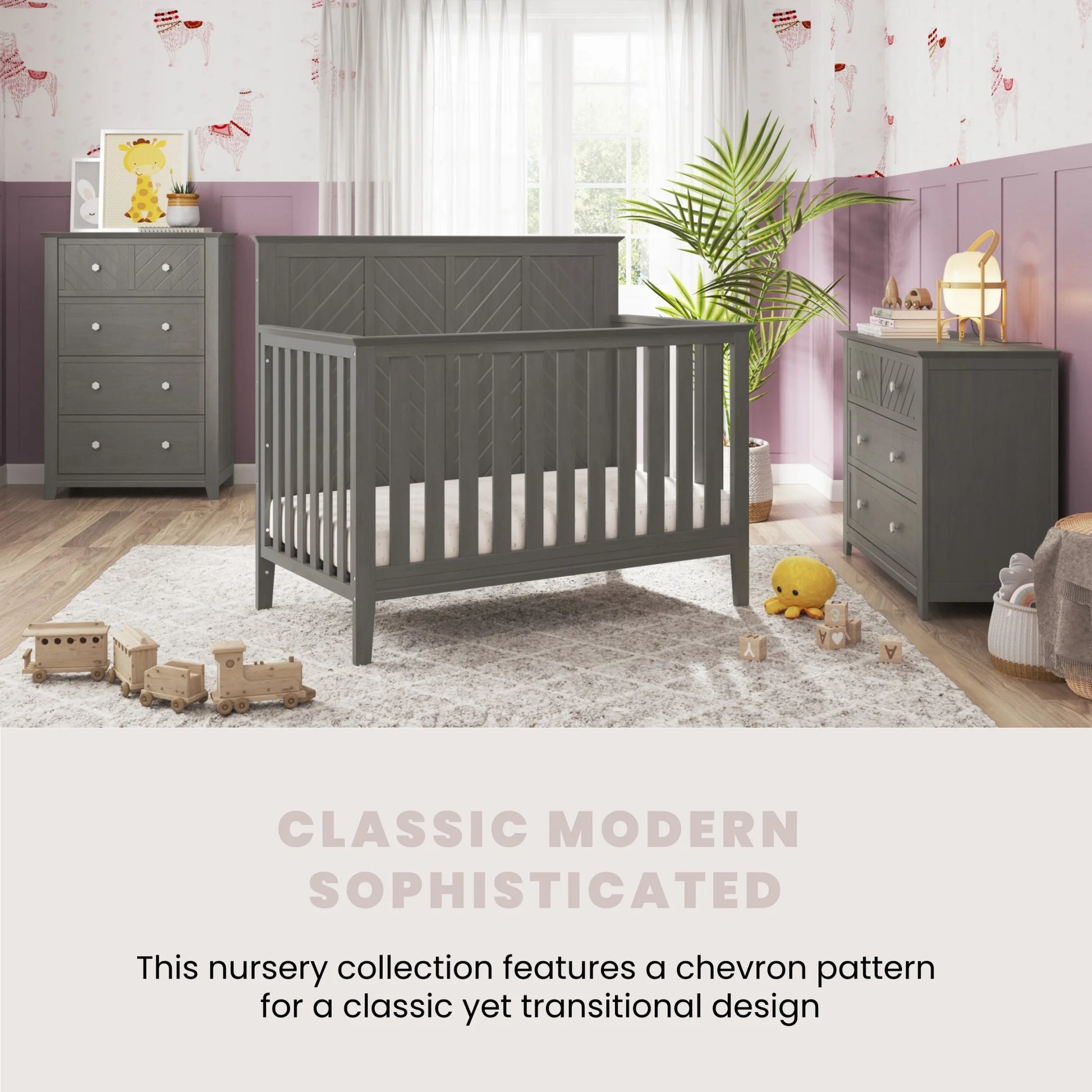 Child Craft Atwood 42" Interlocking 4-Drawer Chest for Nursery or Bedroom, Chevron Design, Anti-Tip Kit, Lunar Gray