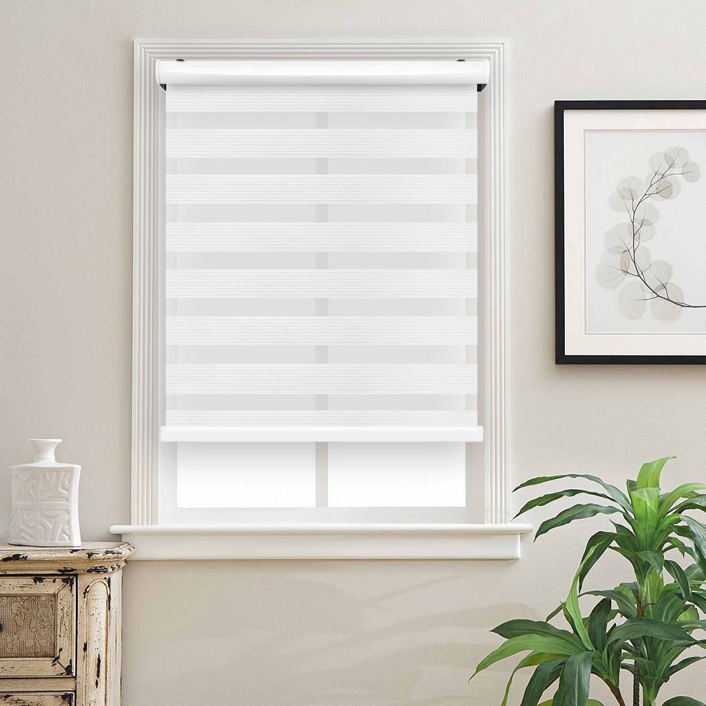 Zebra Cordless Window Blinds, Dual Layered Light Filtering Roller Shades, Easy Install Blinds, Indoor Home Decor, Pull-Down Shades for Windows, Light Control for Day & Night, White, 66"W X 72"H
