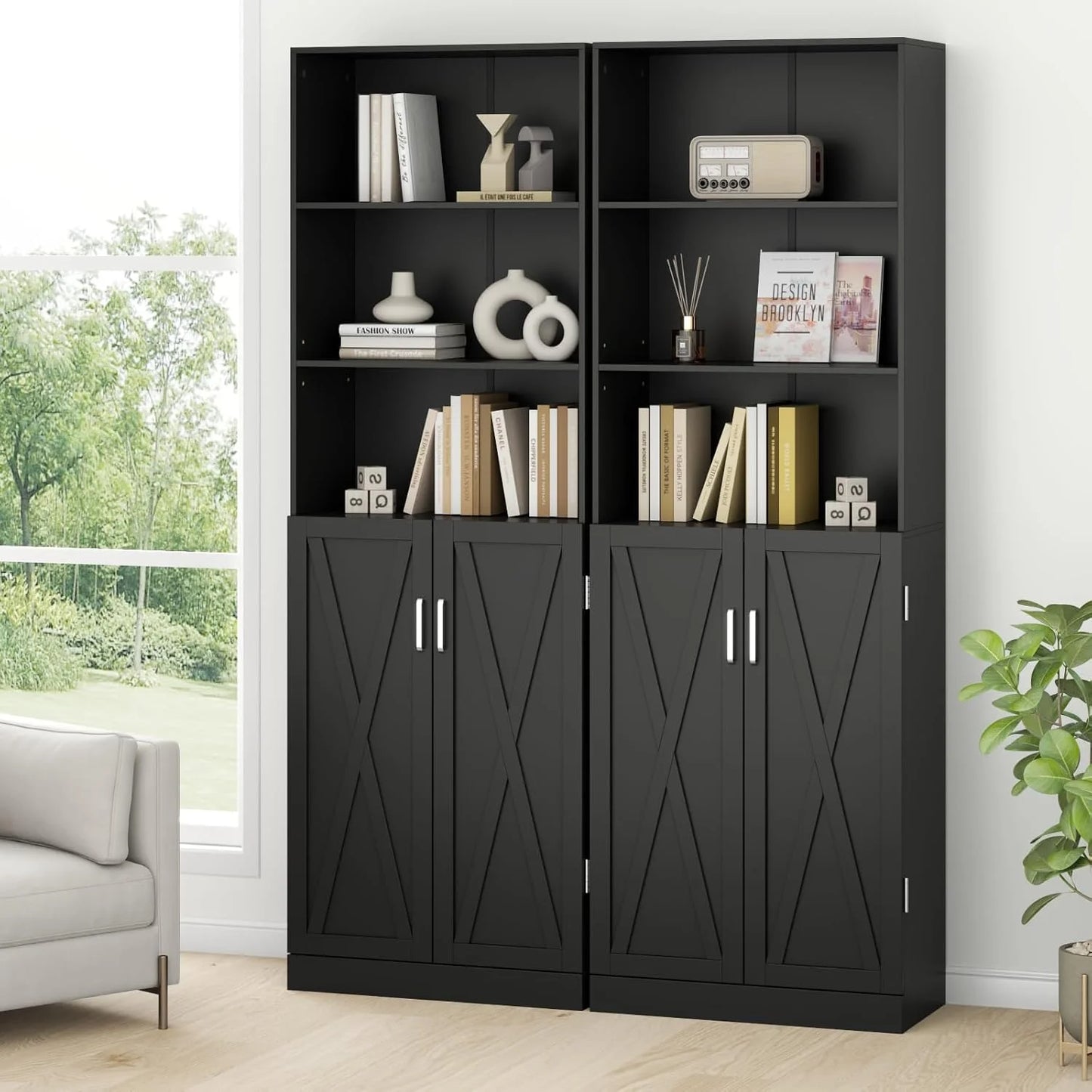 Loomie Industrial Boolshelf with Door, 6 Tier Farmhouse Book Shelf with Adjustable Shelves,70" Tall Display Etagere Bookcase,Floor Standing Unit Book Case Furniture for Home Office,Living Room (Black)