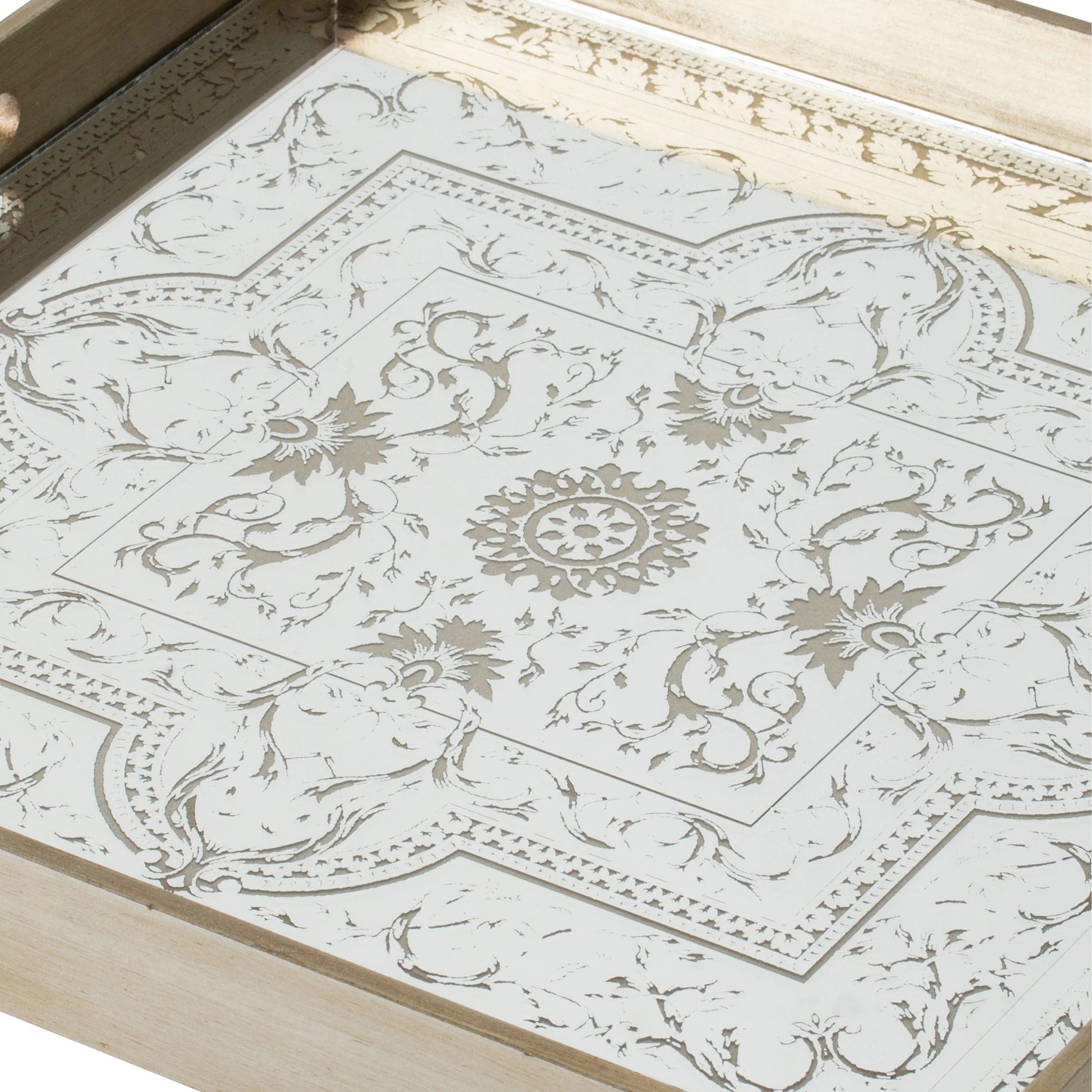 Miki 20 Inch Square Decorative Tray, Artisan Mirrored Floral Pattern, Gold