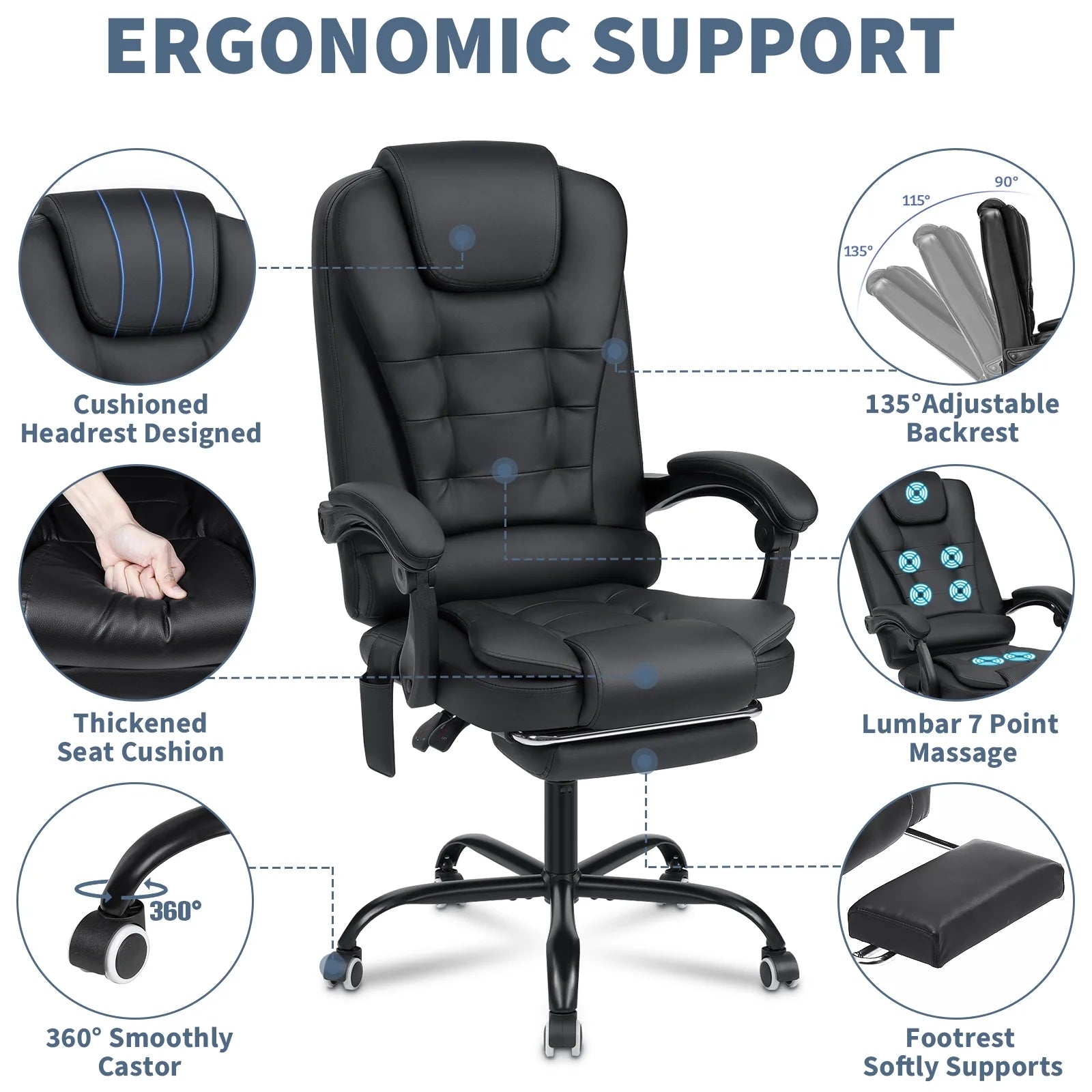 Hoffree Executive Office Chair Massage High Back Leather Office Chair with Footrest Reclining Computer Desk Chair Lumbar Back Support Swivel Rolling for Home Office Black