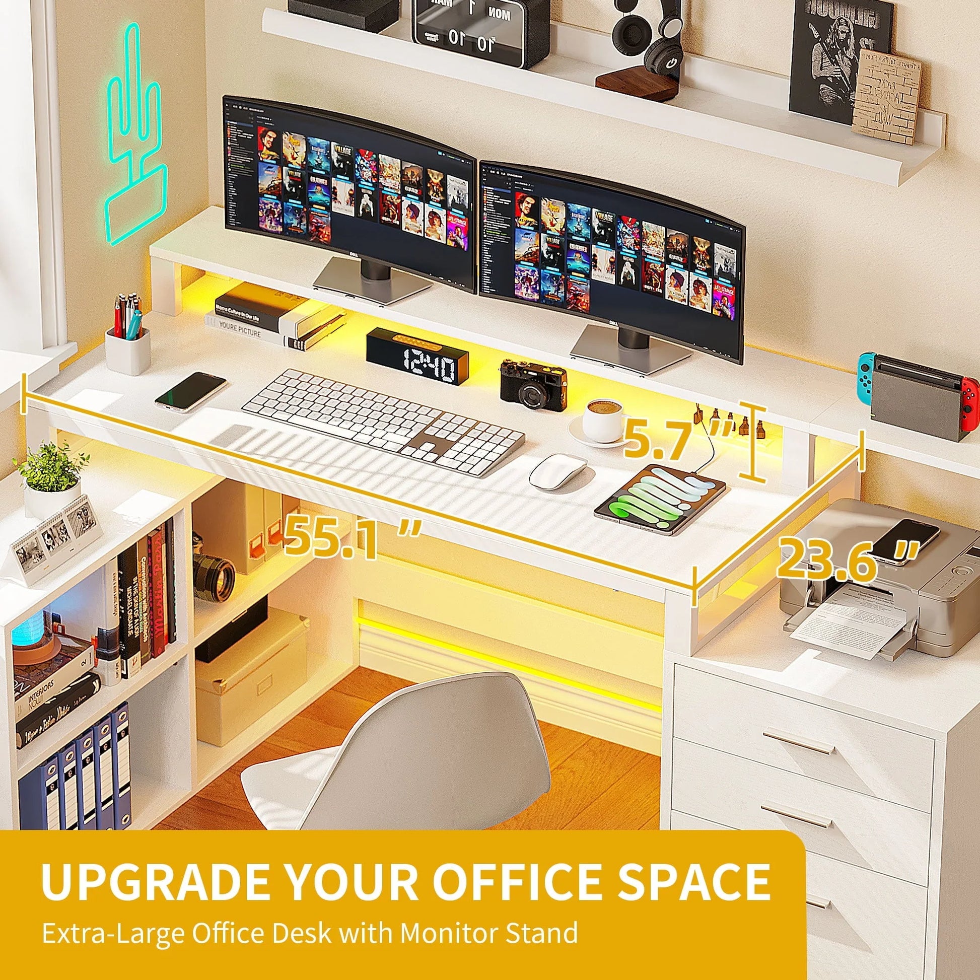 65" L Shaped Desk with Power Outlets and Monitor Stand , Computer Desk with LED Light &File Cabinet, Corner Desk with 3 Drawers & 4 Open Storage Shelves, White Modern Home Office Desk