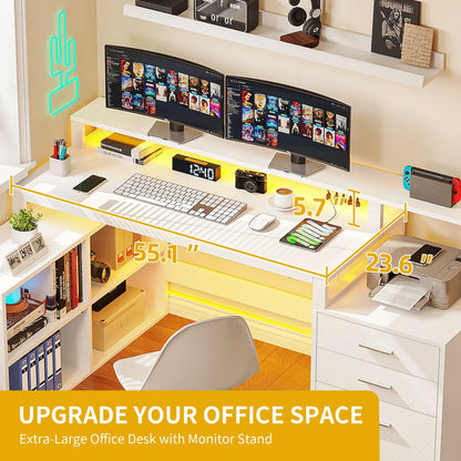 65" L Shaped Desk with Power Outlets and Monitor Stand , Computer Desk with LED Light &File Cabinet, Corner Desk with 3 Drawers & 4 Open Storage Shelves, White Modern Home Office Desk
