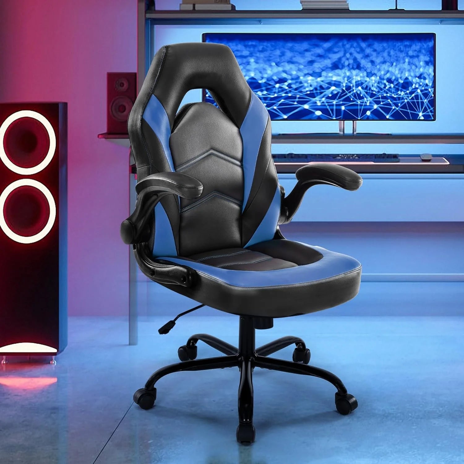 Ergonomic Computer Gaming Chair - Home Office Desk with PU Leather Lumbar Support, Height Adjustable Big and Tall Video Game with Flip-up Armrest, Swivel Wheels for Adults and Teens