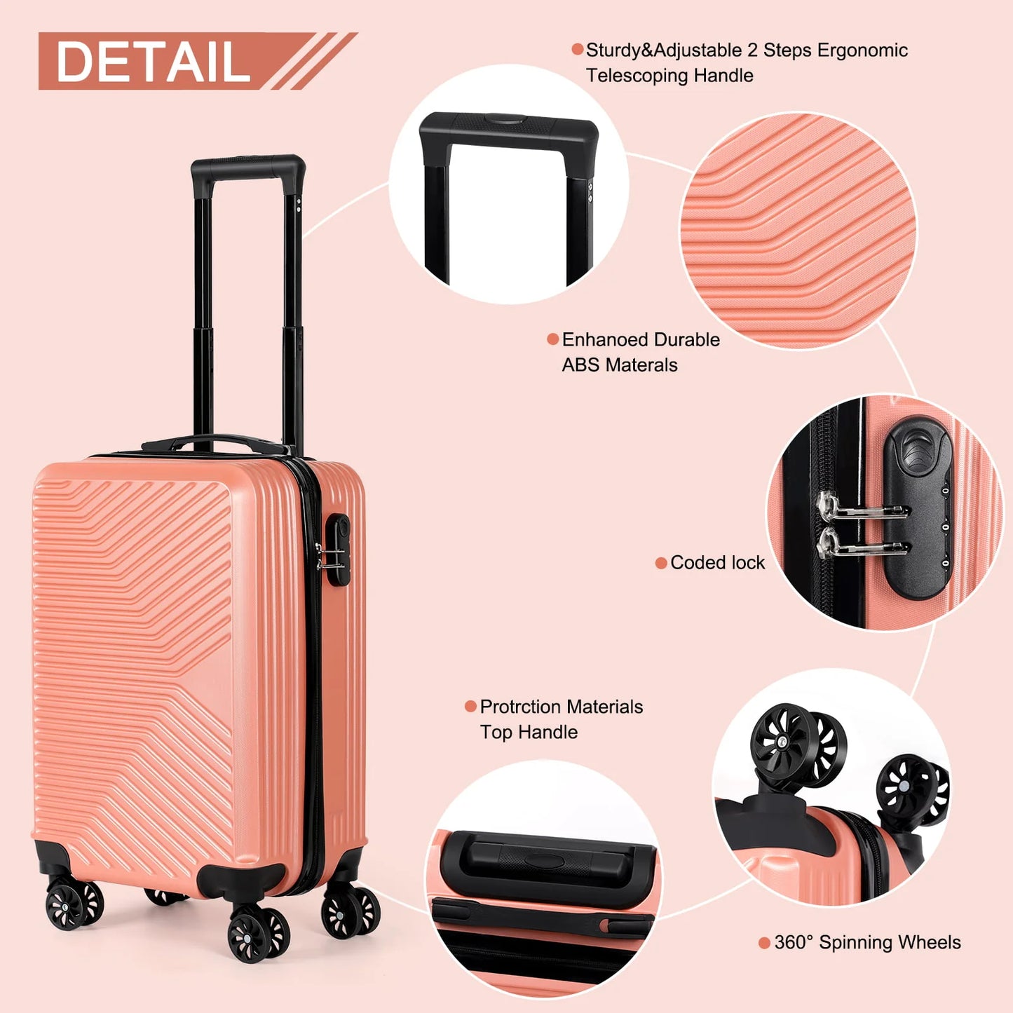 Carry On Luggage, 20" Hardside Suitcase ABS Spinner Luggage with Lock - Crossroad in Rosegold