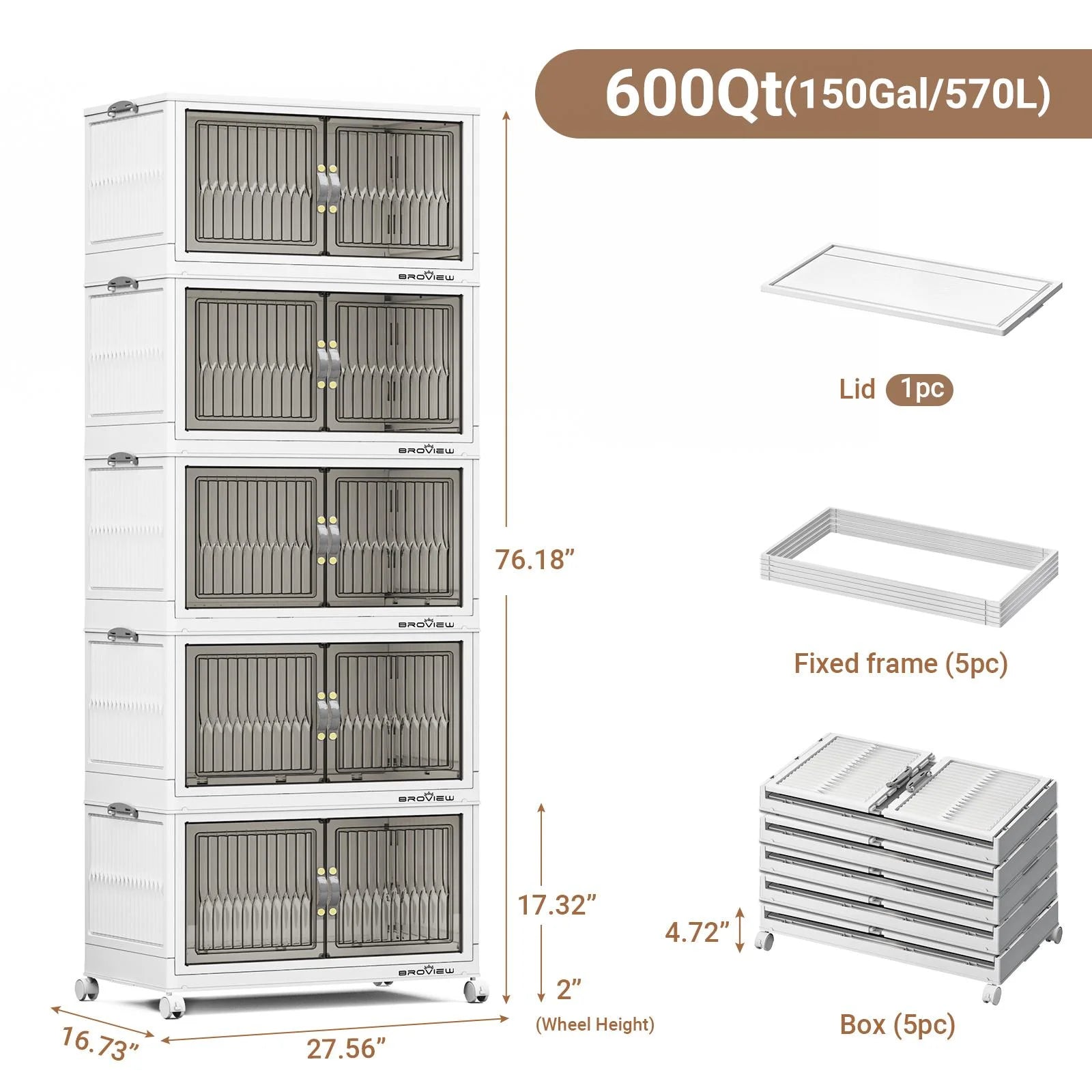 BROVIEW 150Gal Large Storage Bins with Lid, 600Qt Plastic Stackable Closet Organizer and Storage, Collapsible Storage Box with Wheels, Folding Storage Cabinet Containers for Home Office, 3Pack White