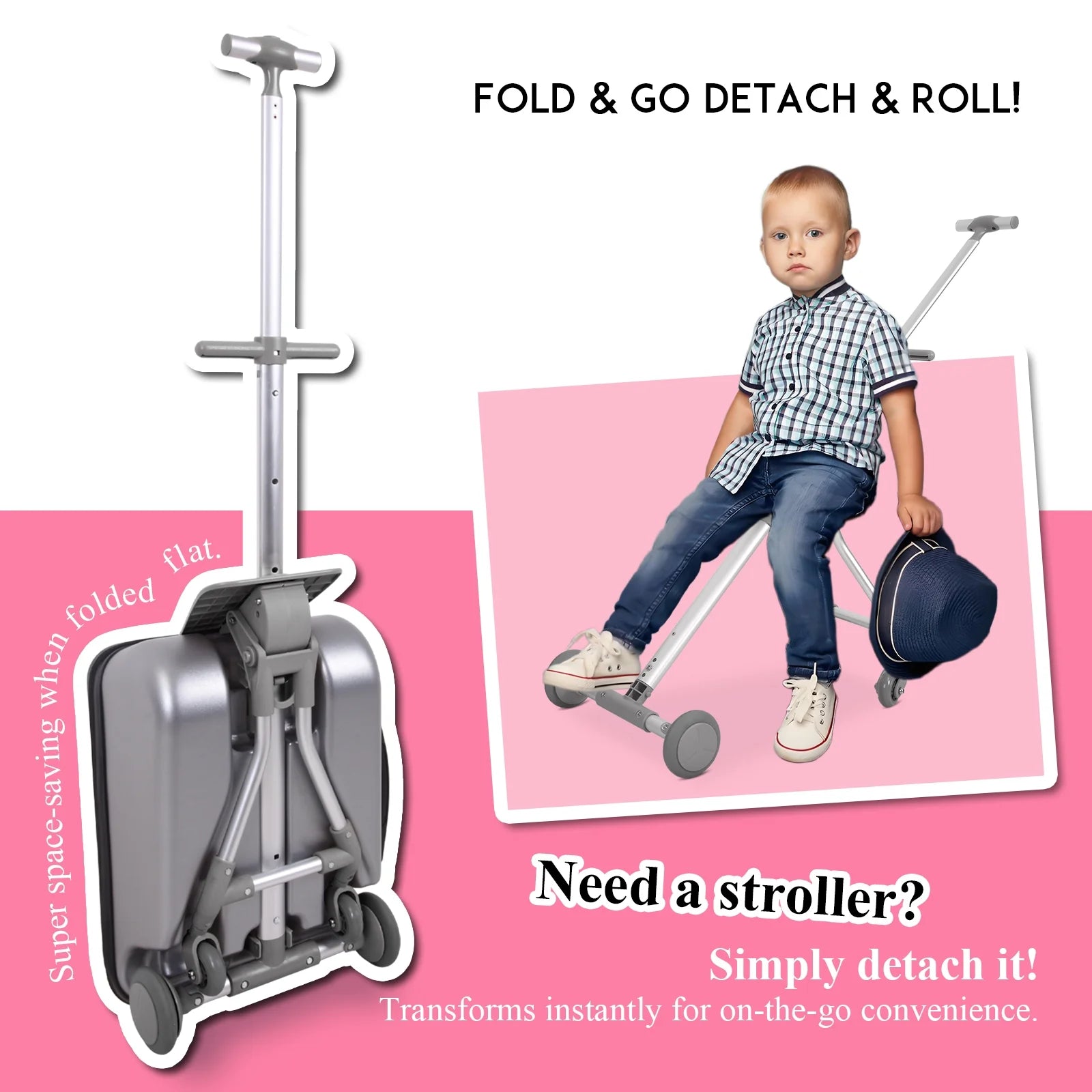 Fridtrip 20 Inch Hardside Carry on Luggage - 3-in-1 Kids Ride-on Suitcase with Spinner Wheels, Child Seat & Stroller Design, Lightweight Hard Shell Travel Luggage with Large Capacity for Family Trips