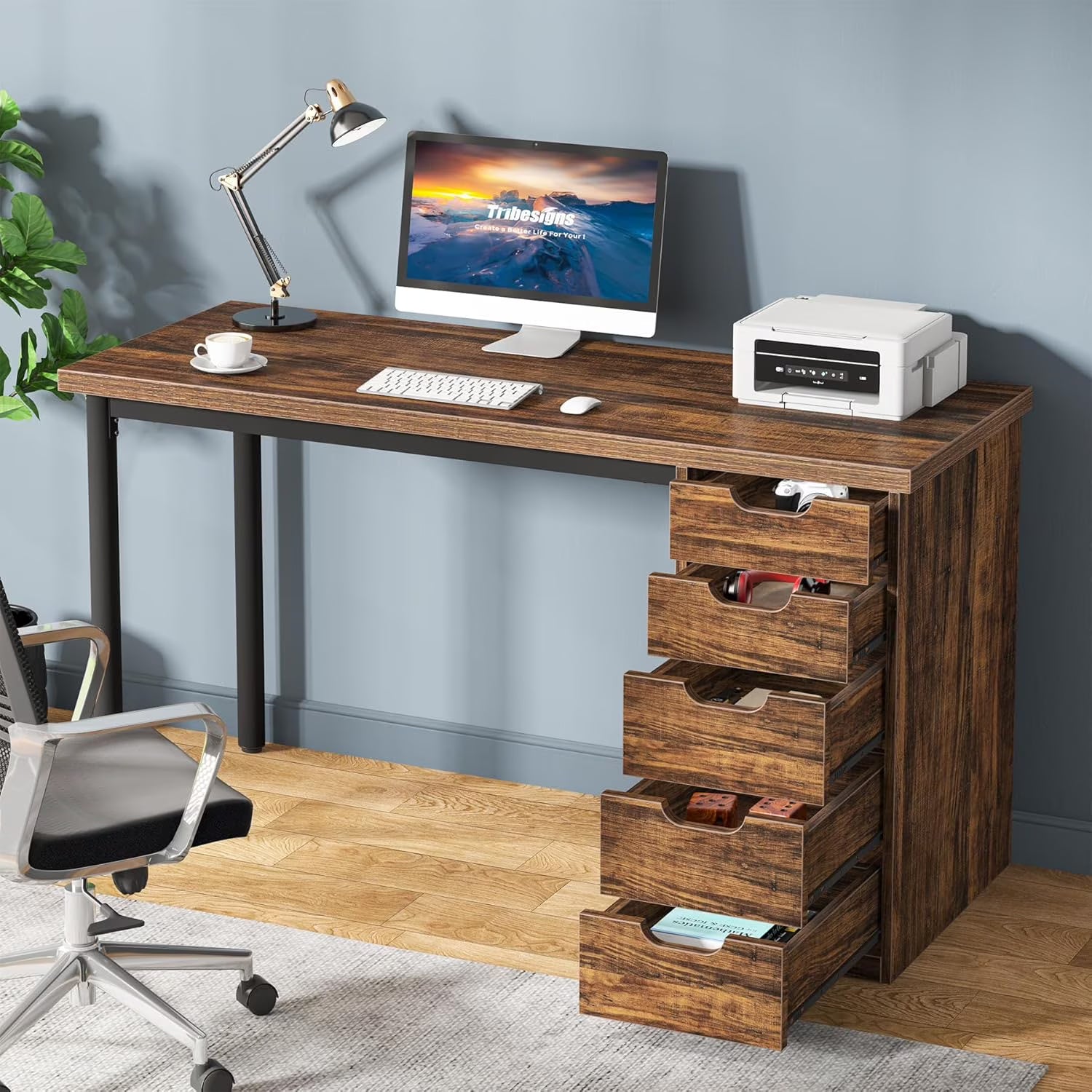 Finmind Computer Desk with 5 Drawers, 47 inches Rustic Brown Home Office Desk with Storage, Modern Study Writing Table Workstation for Small Spaces, Brown & White