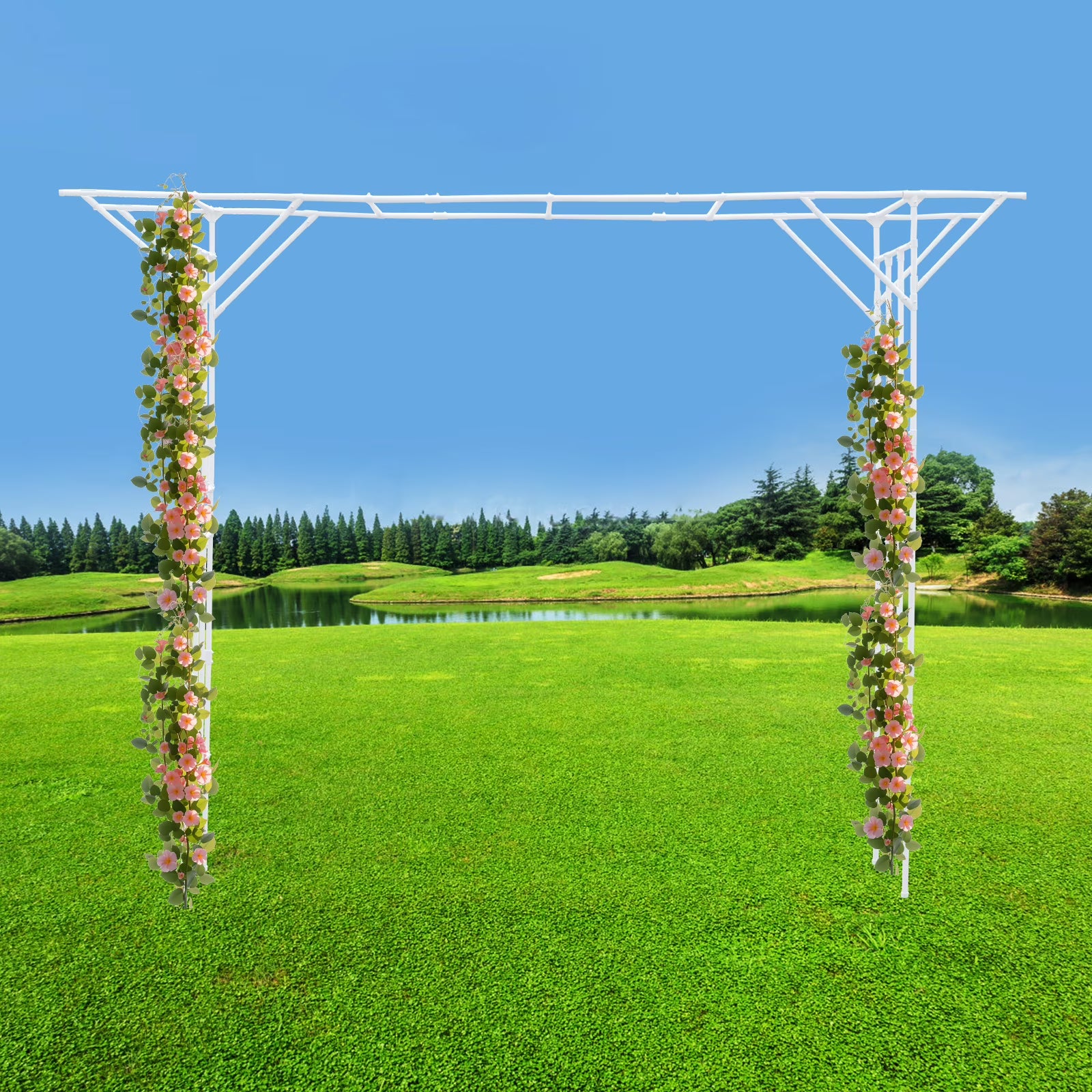 Black Garden Trellis Supersize Flattop Garden Arch for Wedding,141.7" L x 106" H Garden Arch Arbor Trellis for Climbing Plants Outdoor,Galvanized Steel Pipe Coated with Plastic