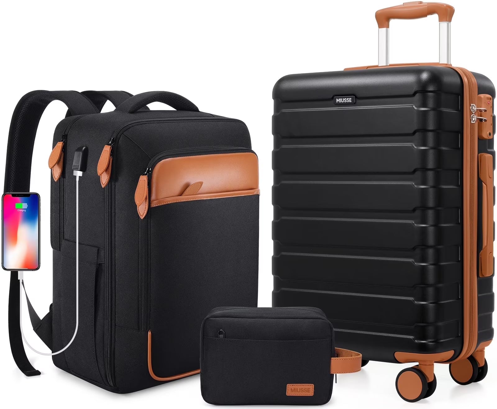 MIUSSE Carry on Luggage Set 3 Piece Hard Shell Luggage Sets with Spinner Wheels TSA Lock Carry on with Backpack Set