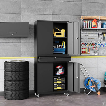 STANI Metal Garage Storage Cabinets with Drawer, 4 Doors Tool Storage Cabinet with 2 Adjustable Shelves, 73"H Rolling Steel Locking Cabinet for Garage Utility Room Home Office (Black, 4 Wheel)