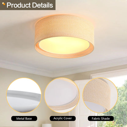 LEDET 15.7 in. Yellow Flush Mount Ceiling Light Rattan Weaving Shade Home Decor Pendant Lighting