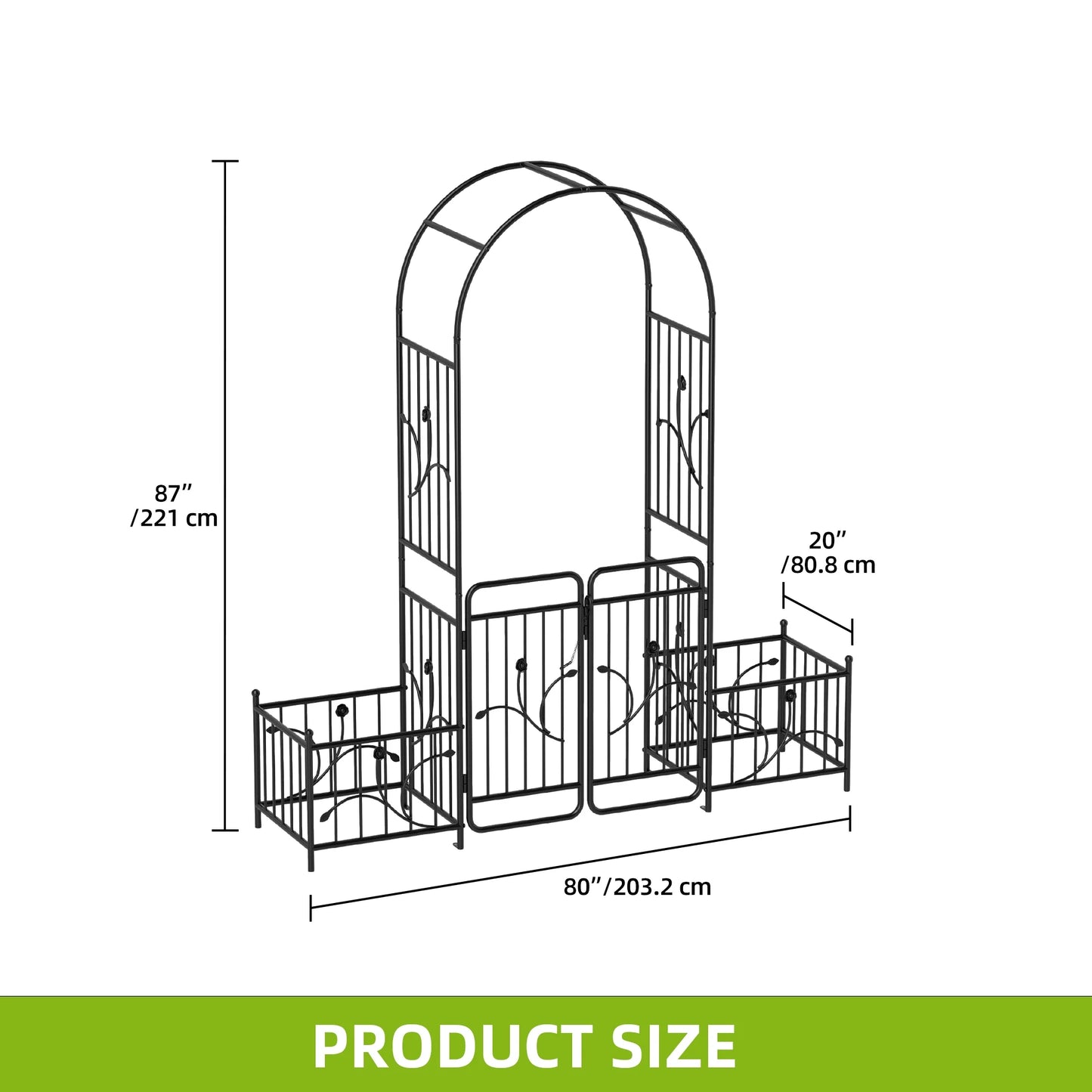 Uforic 87" Metal Garden Arbor Arch with Gate and Planter Boxes, Garden Trellis for Climbing Plants, Patio Wedding Party Lawn Arches Decoration, Black