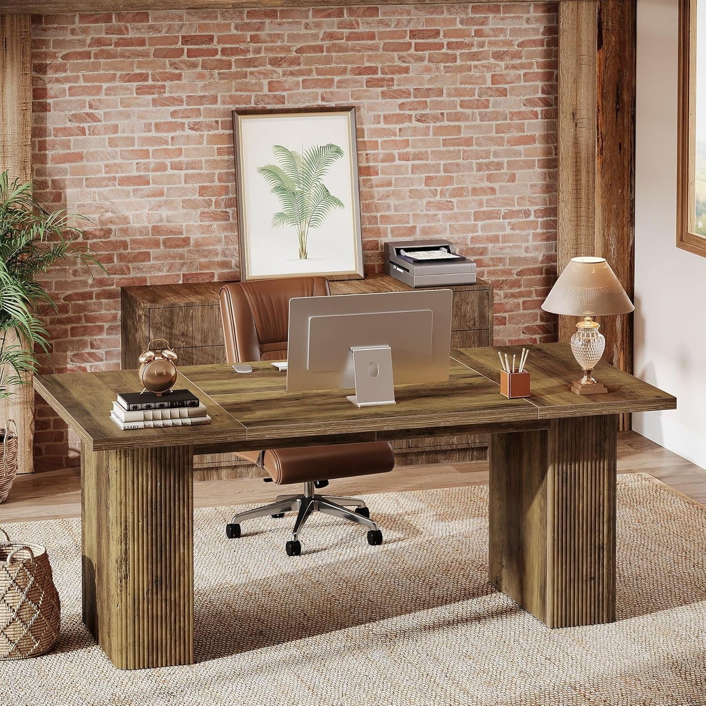 Tribesigns 63-Inch Farmhouse Executive Desk, Office Desk with Double Pedestal, Rustic Brown Executive Computer Workstation for Home Office