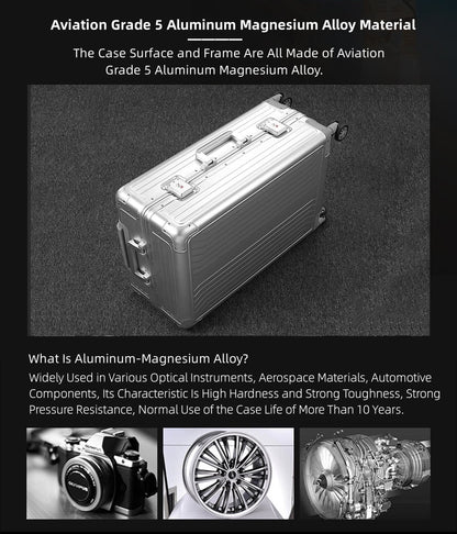 All Aluminum Magnesium Hardshell Carry on Luggage with Wheels, Modern Zipperless Hardshell Checked Luggage with TSA Lock, Airline Approved Metal Suitcase Travel Metal Rolling Luggage