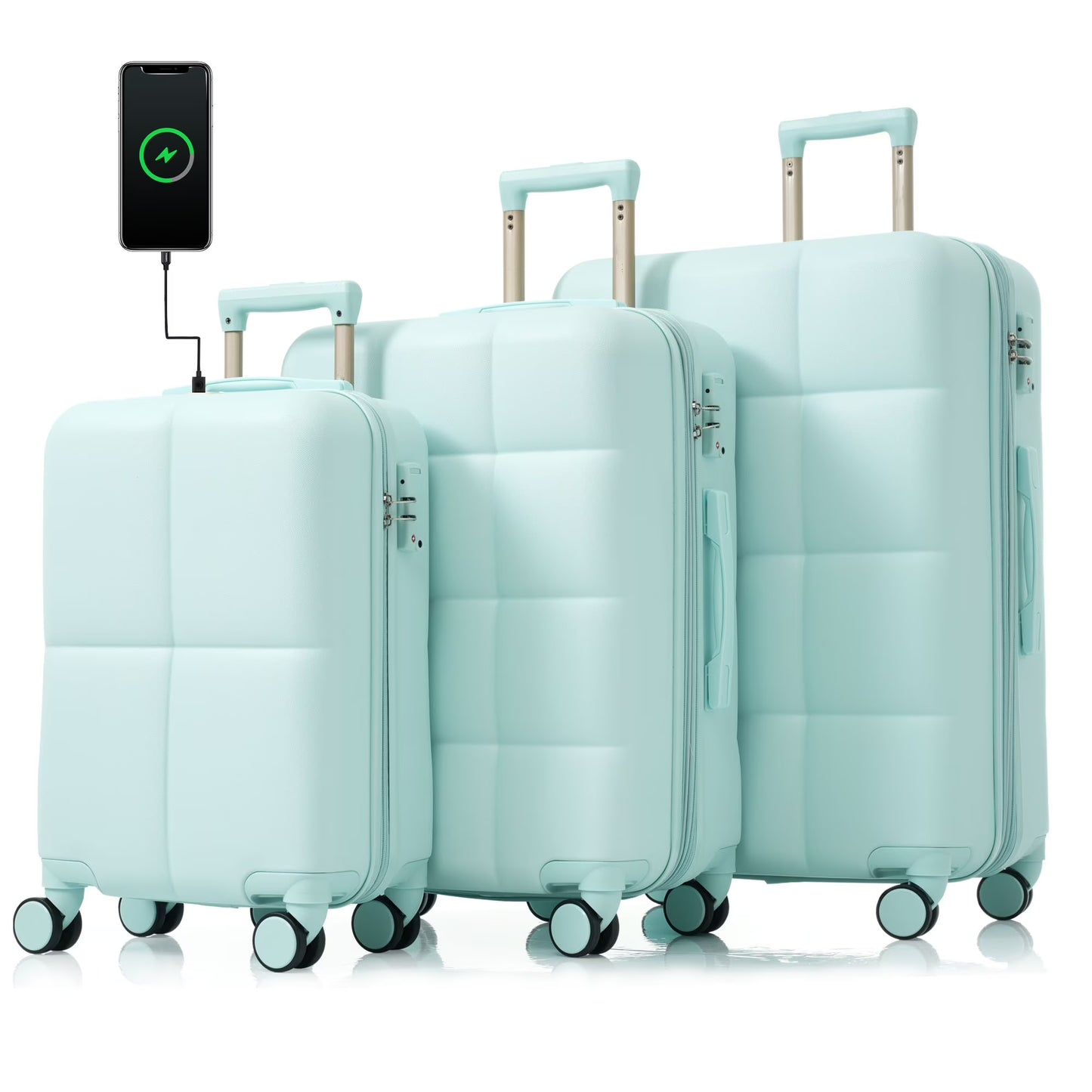 POWANLI 3PCS Luggage Set,20'' Luggage with USB Port, Airline Certified Carry-on Luggage set with Cup Holder, ABS Hard Shell Luggage with Spinner Wheels Beige+Gold