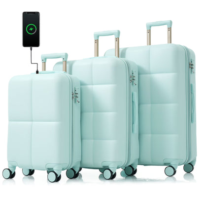 POWANLI 3PCS Luggage Set,20'' Luggage with USB Port, Airline Certified Carry-on Luggage set with Cup Holder, ABS Hard Shell Luggage with Spinner Wheels Beige+Gold
