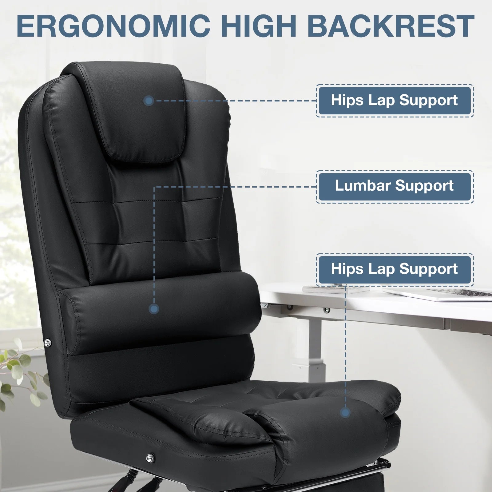 Hoffree Executive Office Chair Massage High Back Leather Office Chair with Footrest Reclining Computer Desk Chair Lumbar Back Support Swivel Rolling for Home Office Black