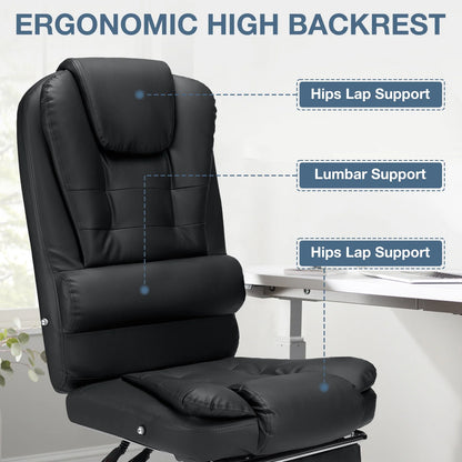 Hoffree Executive Office Chair Massage High Back Leather Office Chair with Footrest Reclining Computer Desk Chair Lumbar Back Support Swivel Rolling for Home Office Black