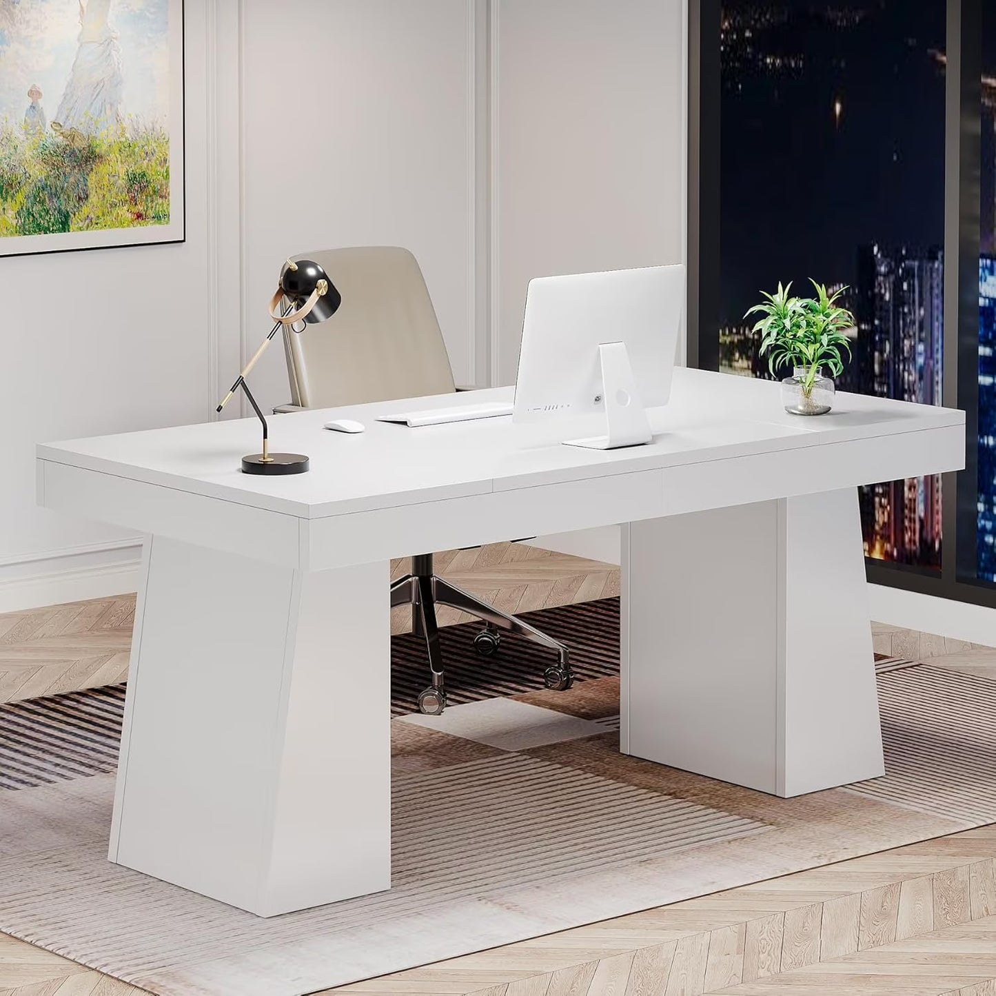 Tribesigns 55 Inches Executive Desk, Mid-Century Modern Home Office Desk with Double Trapezoid Base