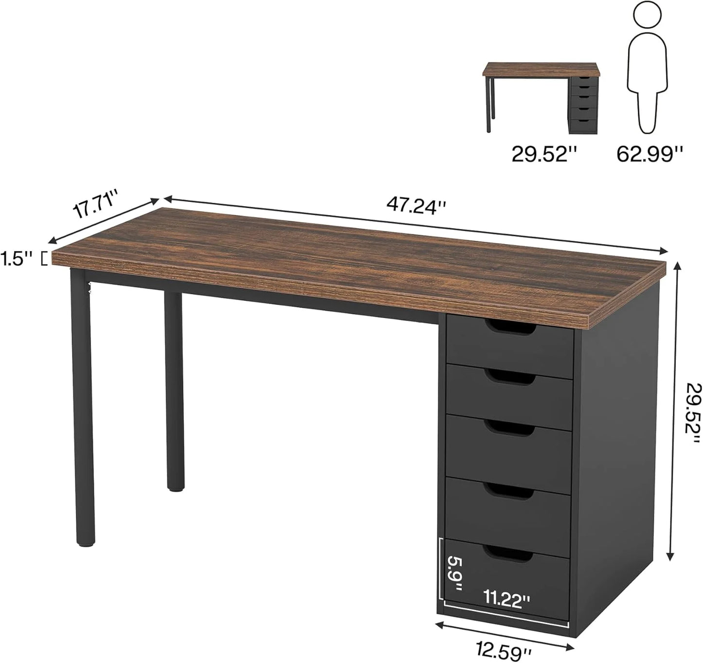 Finmind Computer Desk with 5 Drawers, 47 inches Rustic Brown Home Office Desk with Storage, Modern Study Writing Table Workstation for Small Spaces, Brown & White