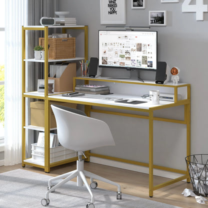 Yoneston 47" Office Computer Desk with 5 Tier Storage Shelves, Reversible Writing Desk Workstation with DIY Bookshelf and Tower Shelf for Home Office Corner Desk, White
