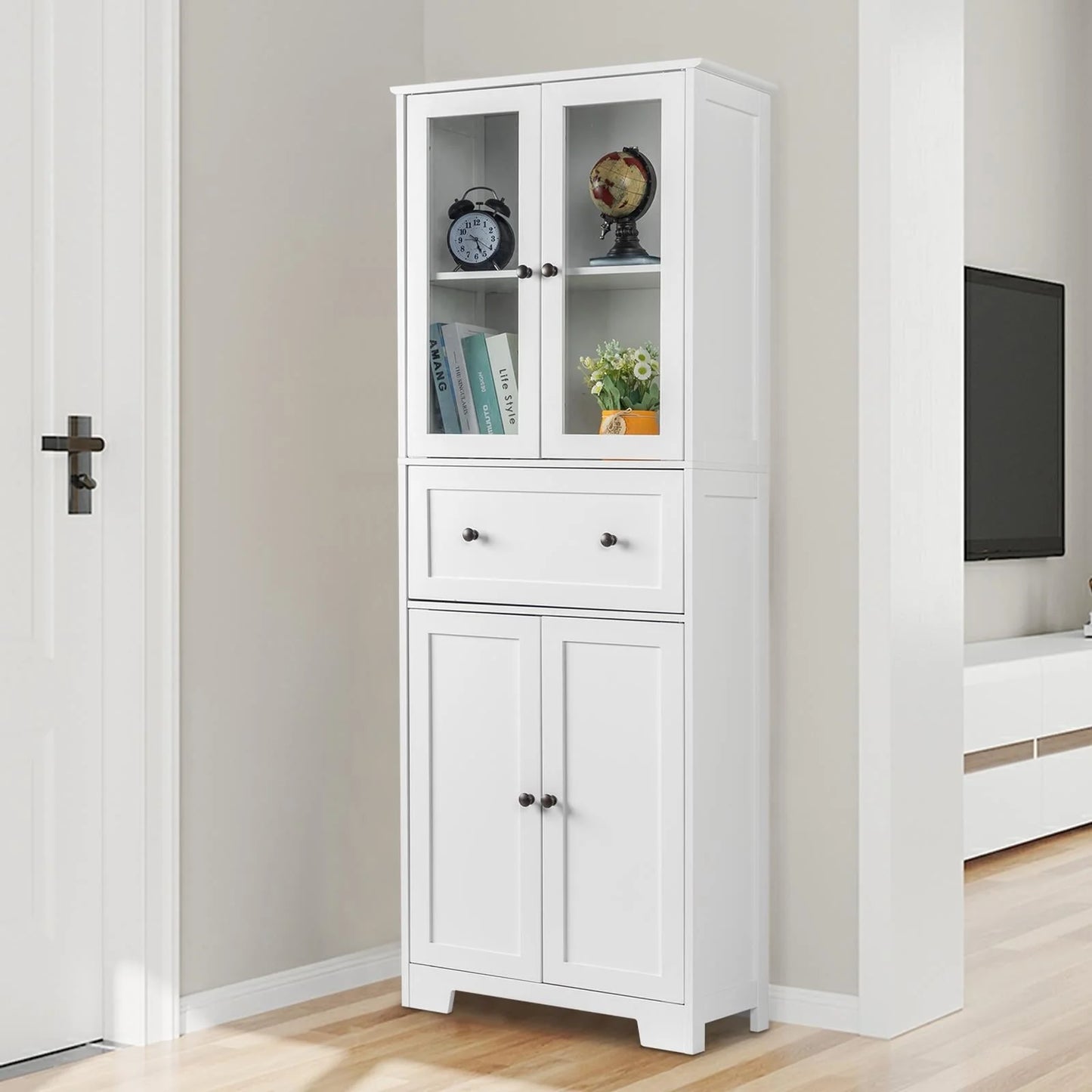 Ktaxon 64" Tall Bathroom Storage Cabinet Organizer, Freestanding Kitchen Pantry Cabinet Line Tower with 2 Glass Doors, Large Drawer & 4 Adjustable Shelves for Dining Room Living Room Home Office,White