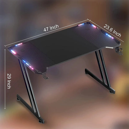 HLDIRECT 47 Inch Gaming Desk with LED Lights Carbon Fibre Surface Gaming Table Large Computer Desk Ergonomic Home Office Desks Z Shaped PC Gamer Workstations with Cup Holder & Headphone Hook Black