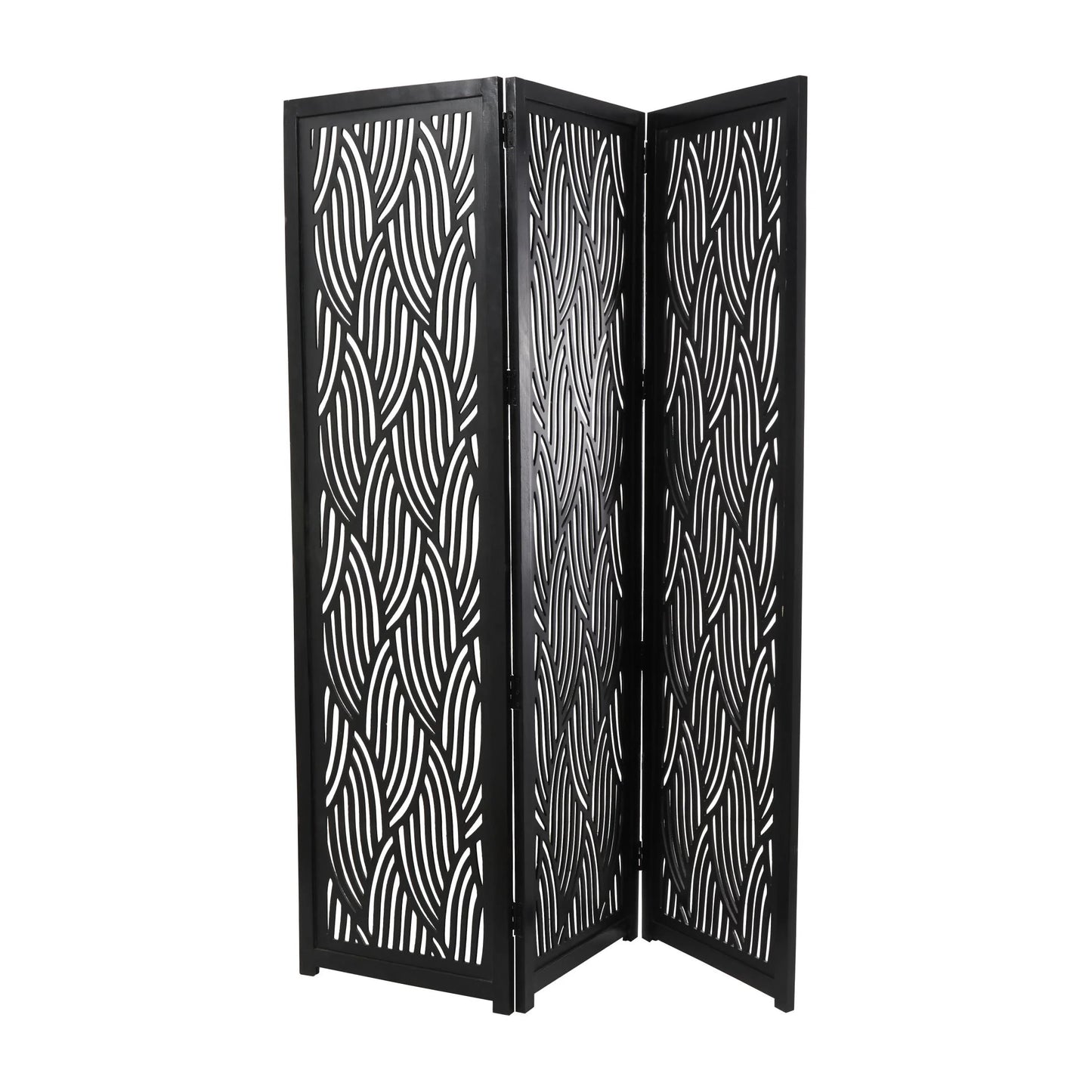 DecMode 60" x 72" Black Mango Wood Abstract Wavy Cutout 3 Panel Room Divider Screen, 1-Piece