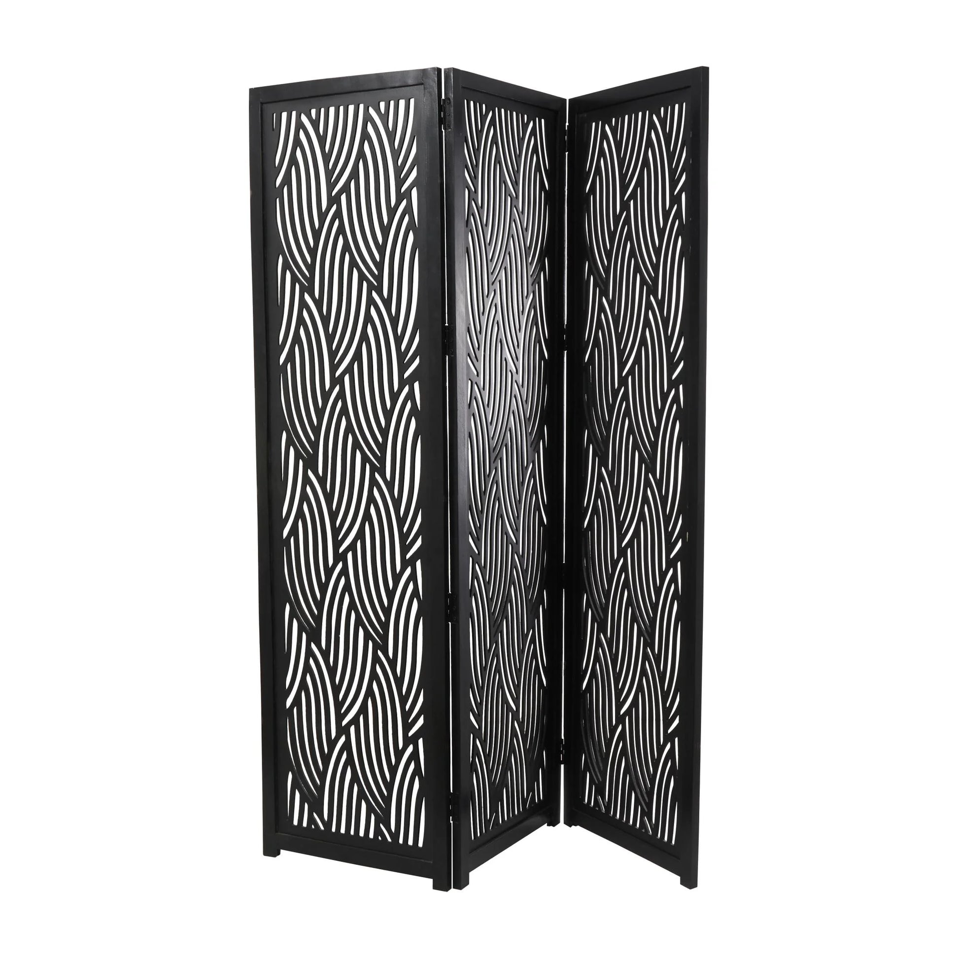 DecMode 60" x 72" Black Mango Wood Abstract Wavy Cutout 3 Panel Room Divider Screen, 1-Piece