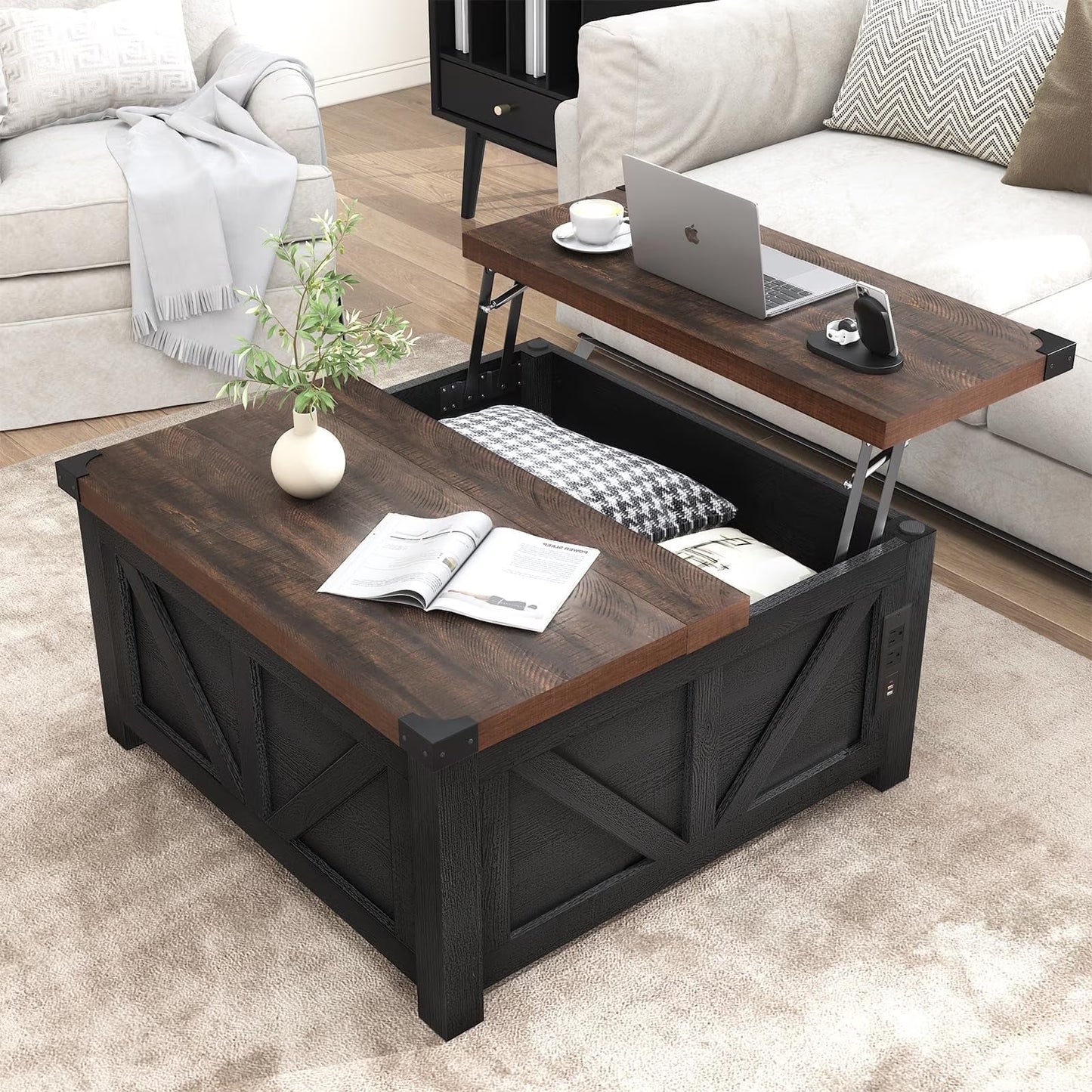 ChVans 35.6" Square Lift Top Coffee Table, Farmhouse Coffee Table with Storage & Charging Ports, Wood Center Table w/Large Hidden Space for Living Room Home Office