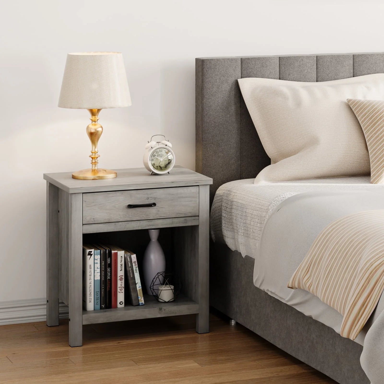 Wooden Nightstand Side Table, Bedside Table End Table for Bedroom Nursery Living Room with Storage Drawer, Rustic Grey