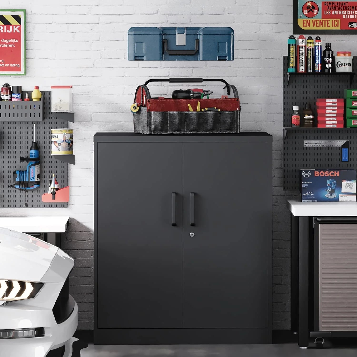 Metal Garage Storage Cabinet with 2 Doors and 2 Adjustable Shelves - 35.5" Steel Lockable File Locking Counter Cabinet for Home Office,Gym,SchoolBlack