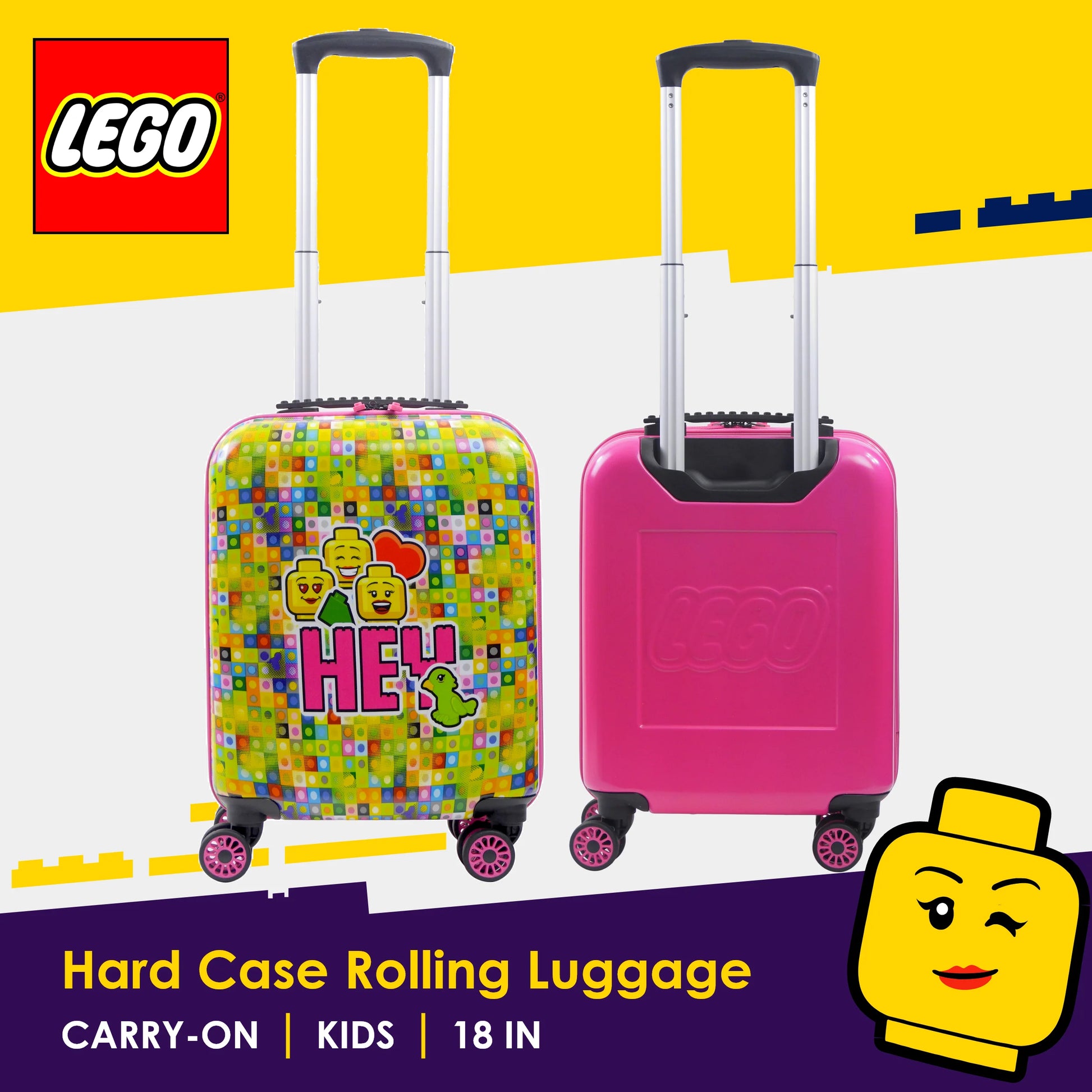 LEGO 18 Inch Kids Rolling Luggage, Play Date Hardshell Carry On Suitcase with Spinner Wheels, Multi