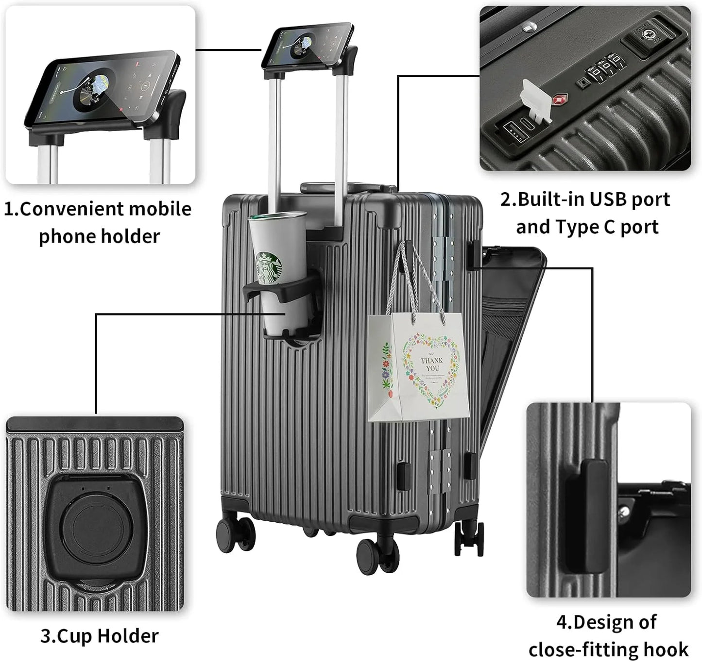 Carry-On Luggage with USB Charging Port, Front Compartment, TSA Lock, Airline Approved Carry On Hardside Suitcase with Spinner Wheels (Grey, 20inch)
