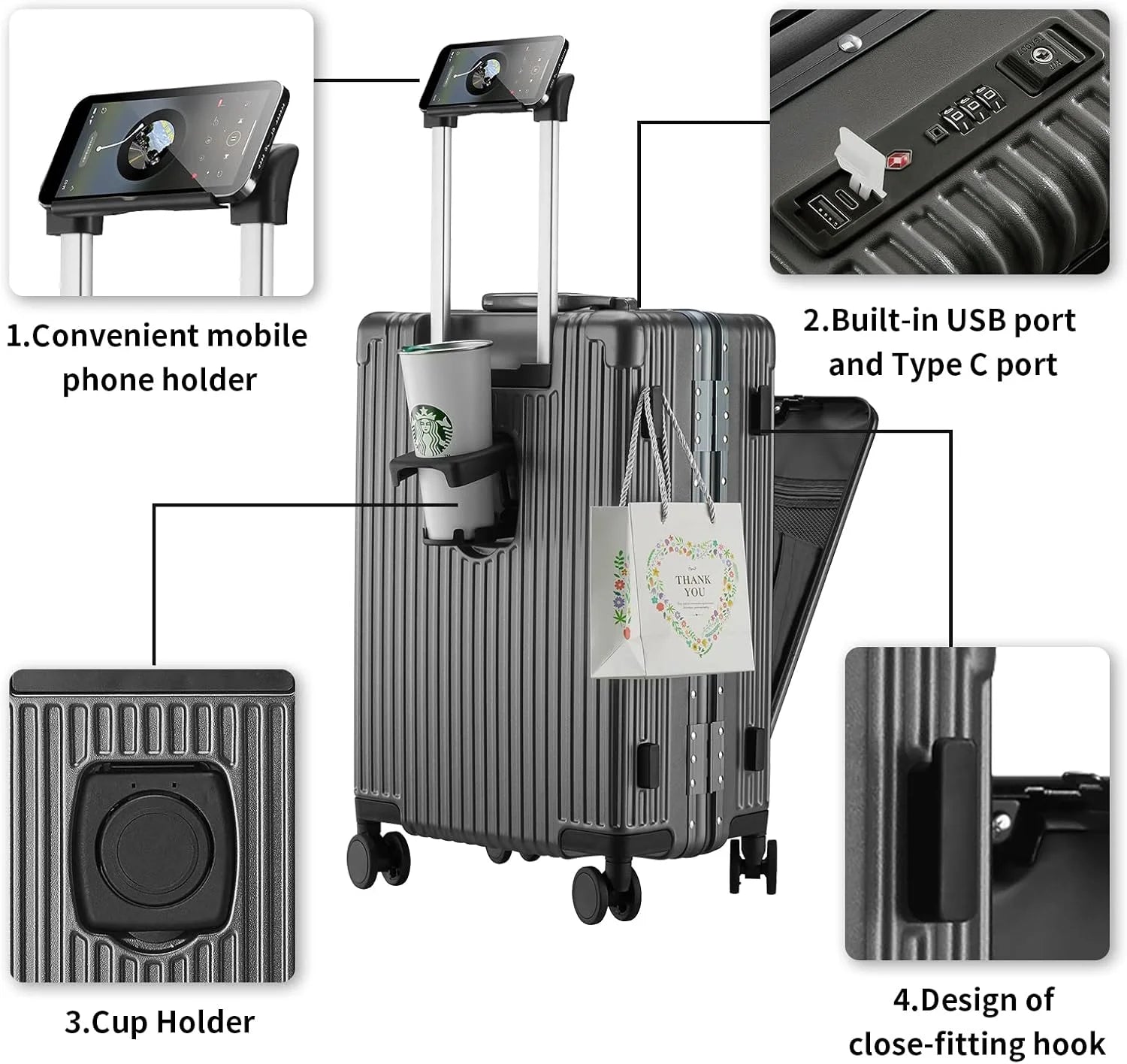 Carry-On Luggage with USB Charging Port, Front Compartment, TSA Lock, Airline Approved Carry On Hardside Suitcase with Spinner Wheels (Grey, 20inch)