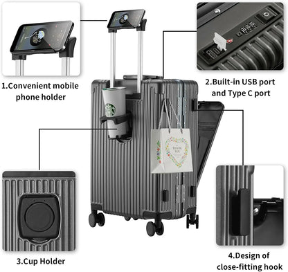 Carry-On Luggage with USB Charging Port, Front Compartment, TSA Lock, Airline Approved Carry On Hardside Suitcase with Spinner Wheels (Grey, 20inch)