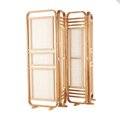 DecMode 79" x 70" Brown Teak Wood Handmade Foldable Partition 4 Panel Room Divider Screen with Woven Rattan Panels, 1-Piece