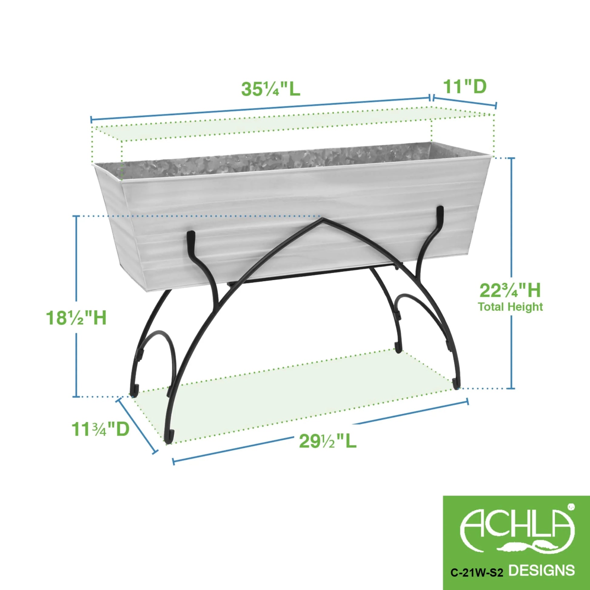 Achla Designs 35.25"L Rectangular Galvanized Steel Indoor Outdoor Large Flower Box w/Black Wrought Iron Bella Stand Copper Plated, Black Powdercoat