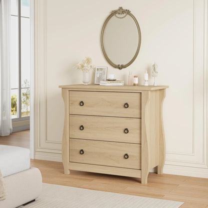 M optimized Wood 3-Drawer Dresser, Boho Dresser with Curved Legs, Rattan Accents, and Freestanding Storage for Living Room, Bedroom, Entryway, or Balcony