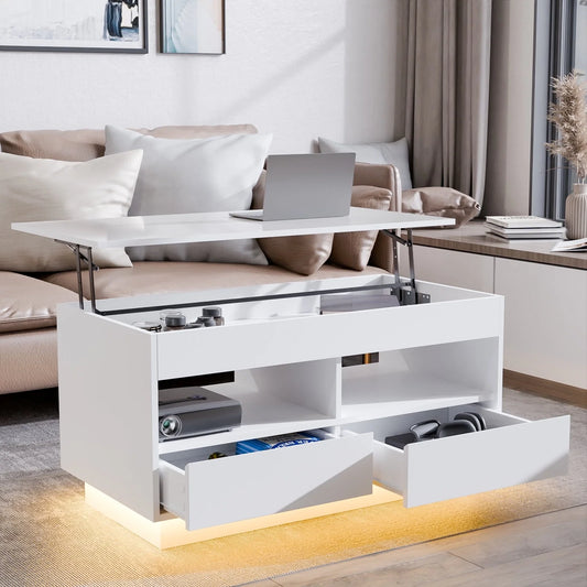 Hommpa Lift Top Coffee Table with 2 Drawers High Gloss Rectangle White Coffee Table with LED Lights and Hidden Storage for Living Room Home Office Center Cocktail Tables 25.19" Height