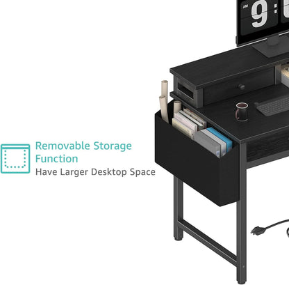 Small Desk with Drawers for Home Office Bedroom, 31 inch Black Writing Study Desks with Fabric Drawers Storage, Gaming Desk Table with Power Outlet & Monitor Stand, Black